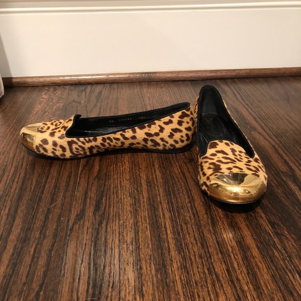 YSL Yves Saint Laurent Gold Cap Animal Print flats